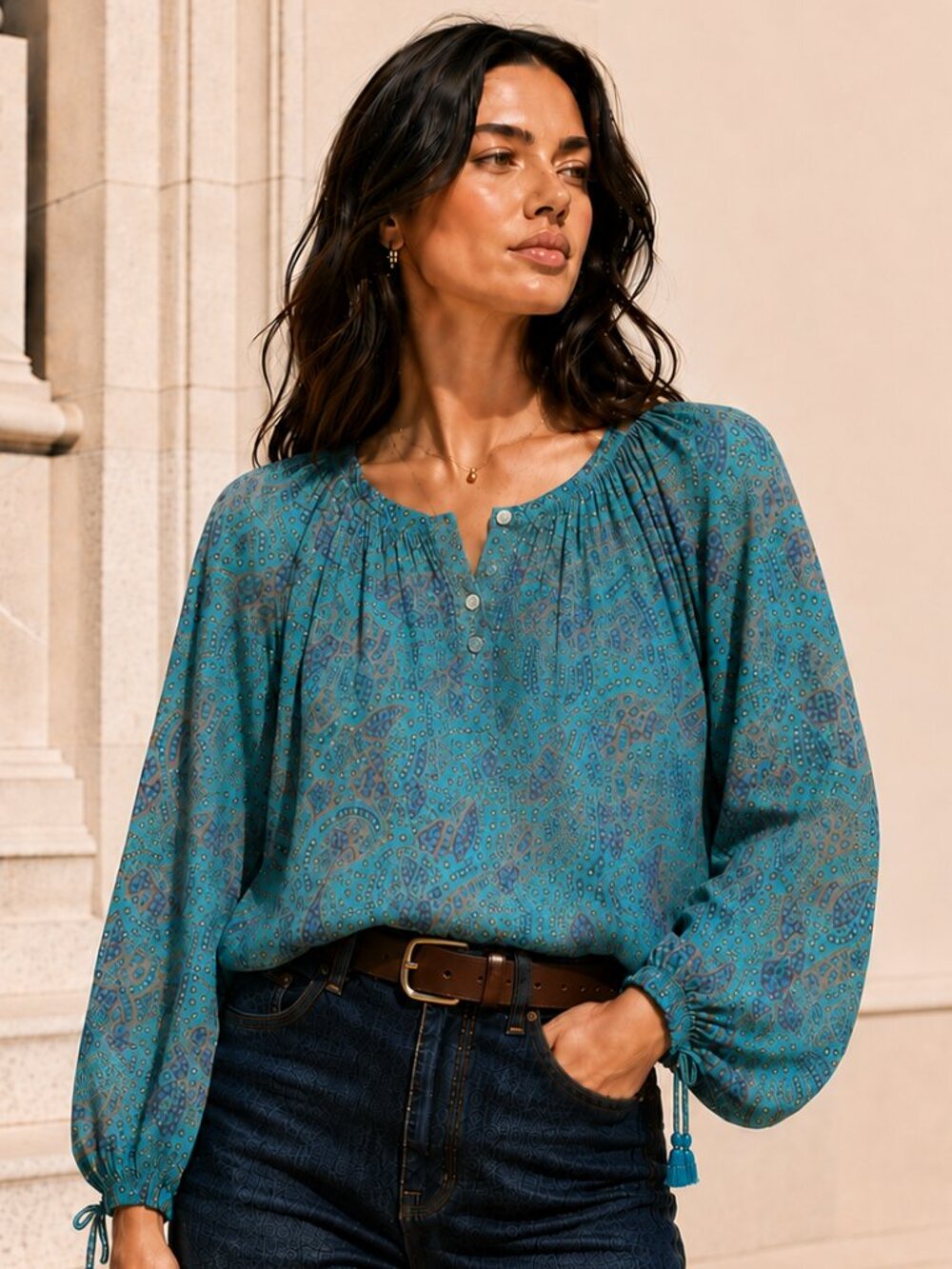 Cleobella Jayda Zuri Block Print Organic Cotton Puff Sleeve Blouse M NWT Revolve